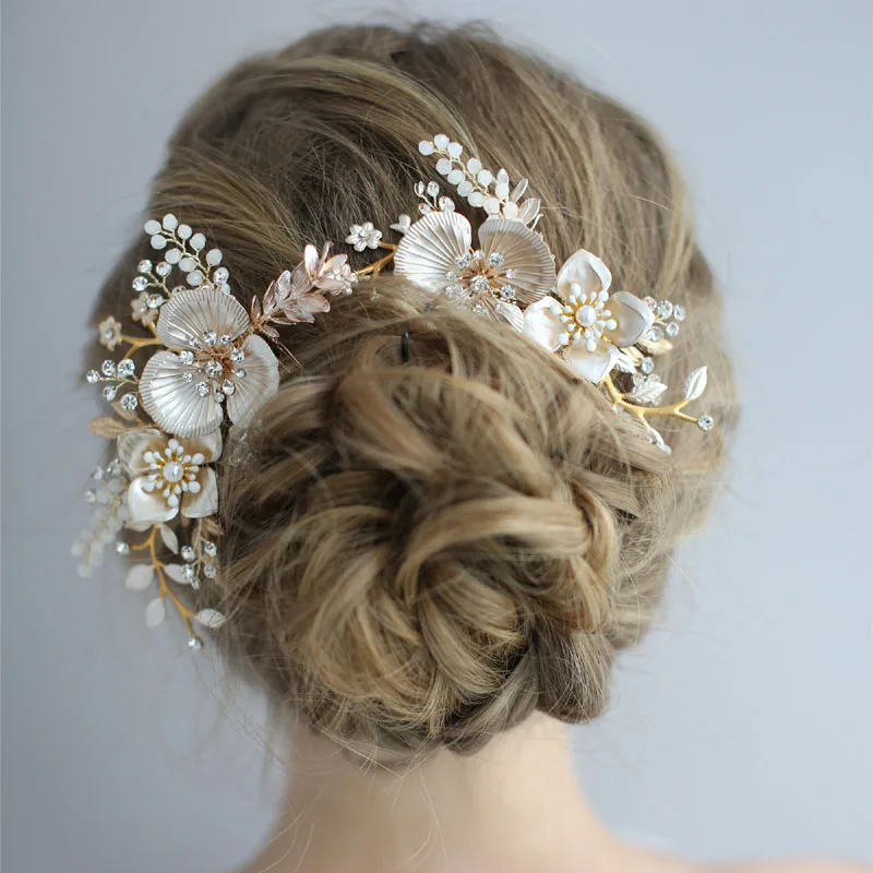 SLBRIDAL золотые прозрачные хрустальные стразы жемчуг цветок свадебный гребень для волос свадебные головные уборы аксессуары для волос женские ювелирные изделия