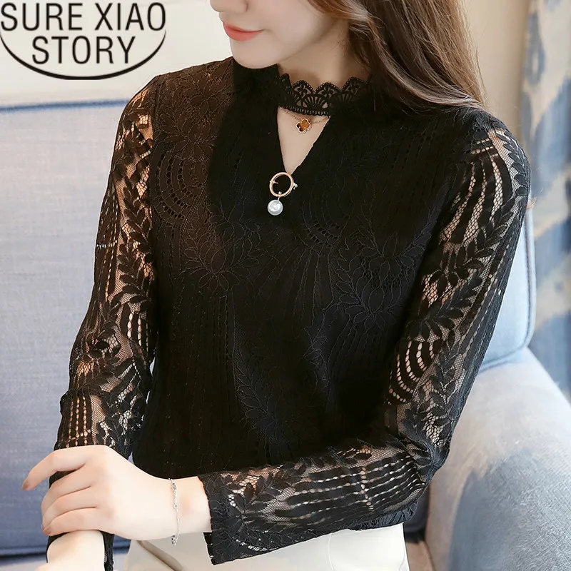 2019 женская блузка сетчатая ажурная рубашка модная с длинными рукавами и кружевом