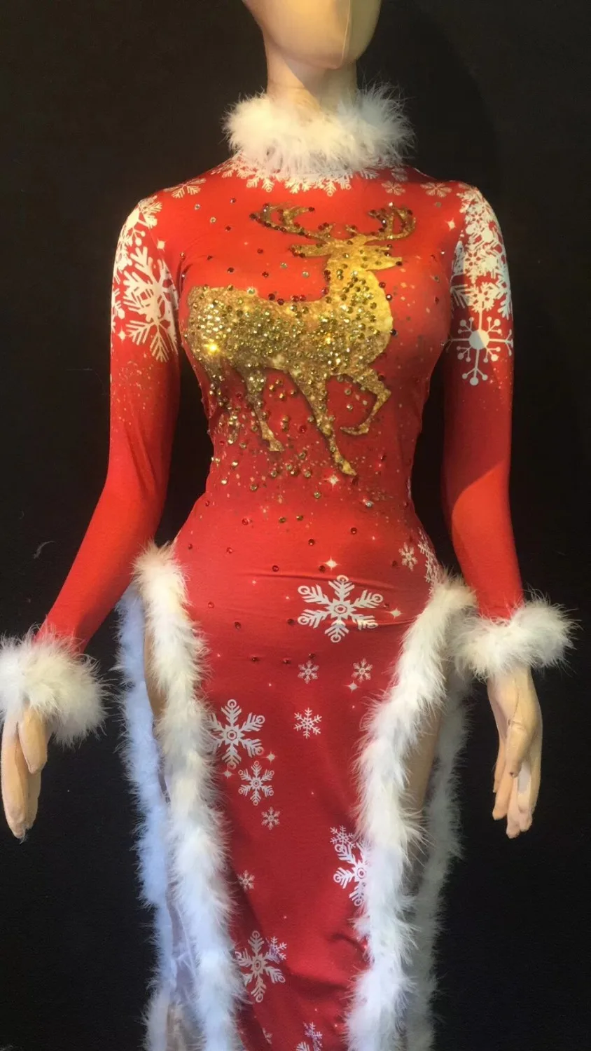 Рождественский стиль женские сексуальные красные кристаллы белый пух Cheongsam