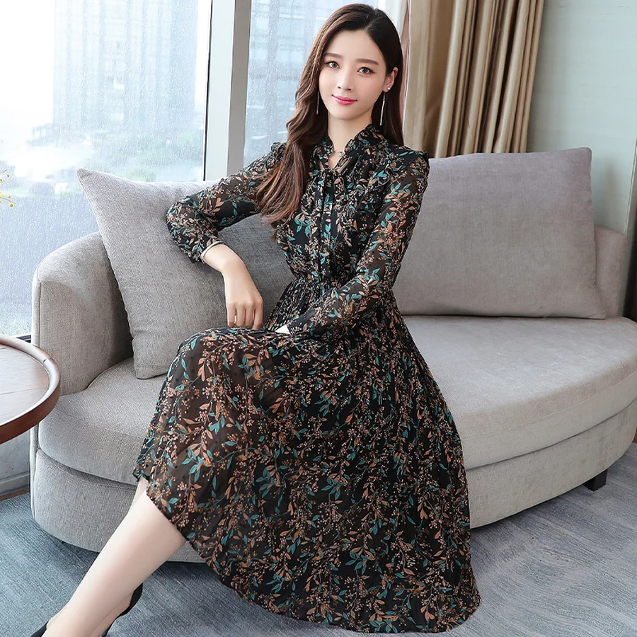 Цветочные шифоновые миди платья осень зима принт с длинным рукавом платье 2019