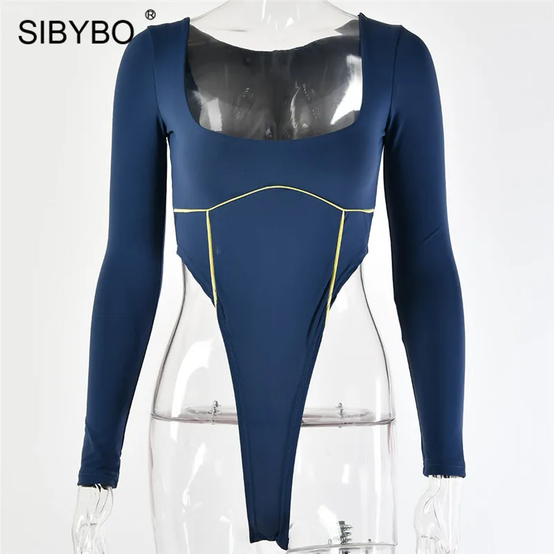 As shown Sibybo полосатый принт обтягивающее сексуальное боди для женщин с длинным рукавом квадратный воротник летний комплект из двух частей пляжный Повседневный женский комбинезон - Цвет: As shown