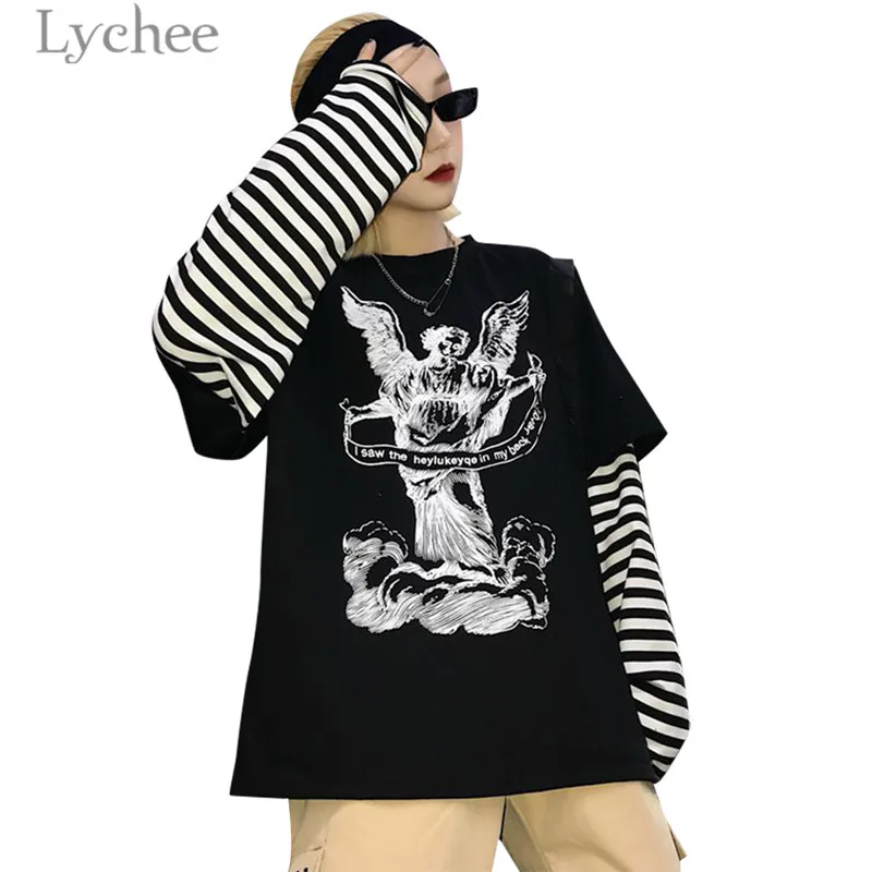 Lychee Осень Harajuku Angel письмо Полоса Лоскутная Женская футболка с круглым вырезом с длинным рукавом Повседневная Свободная Женская футболка Топ - Цвет: Black