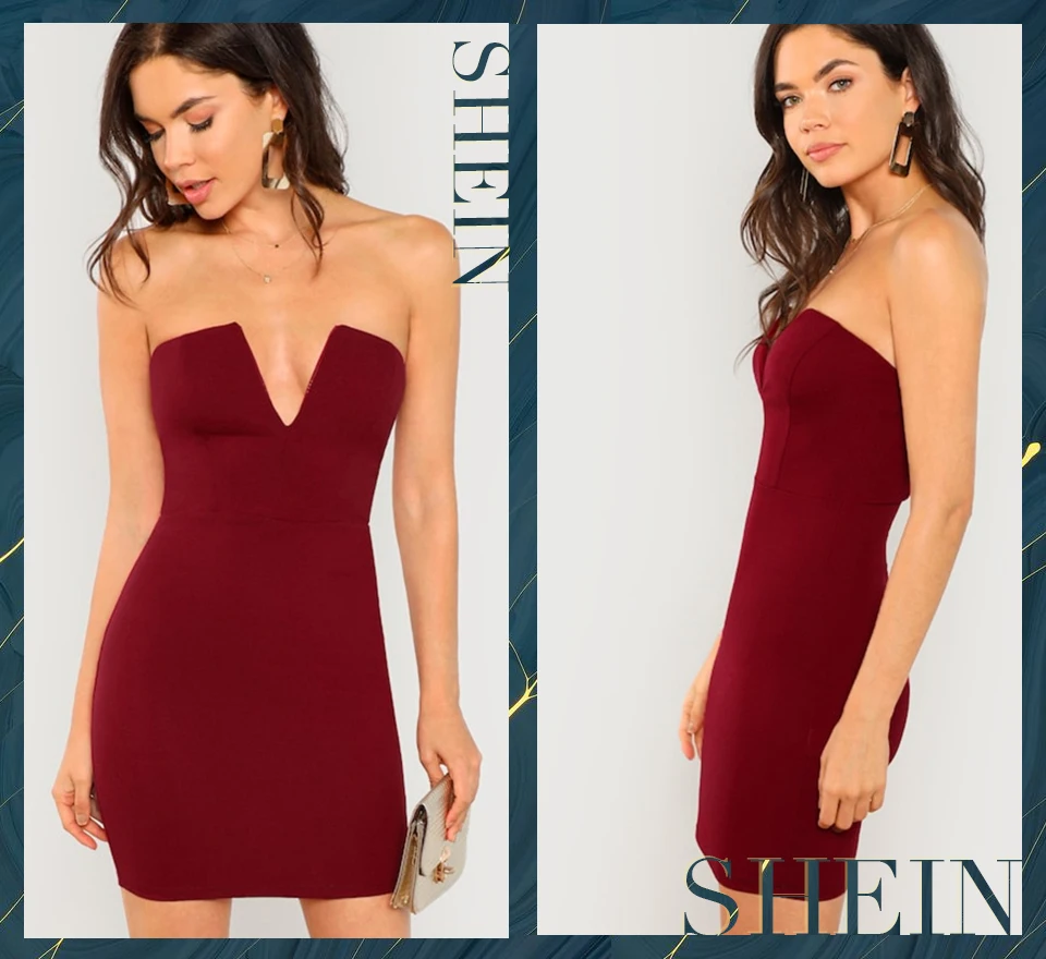 SHEIN Облегающее Платье Без Рукавов С Глубоким V-Образным Вырезом Женское Летнее Бордовое Сексуальное Платье