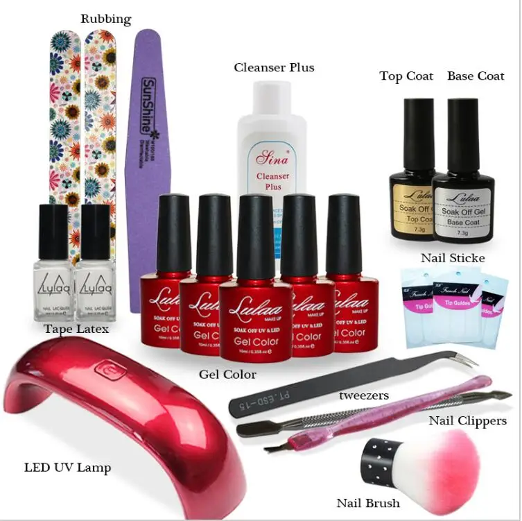 Дизайн ногтей маникюр Инструменты 9wled лампа + 5 цветов 10 мл Soak Off Gel Nail База гель