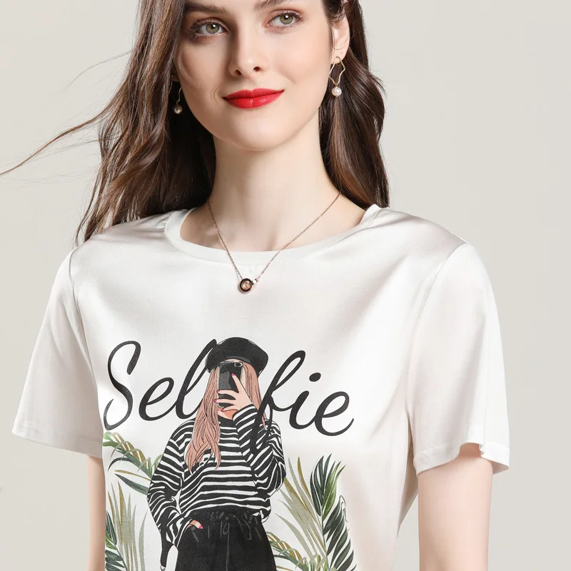 Luxury Women's Girl Plant Pattern Real Silk T-shirt Double Georgette Short Sleeve Thin Tshirt High-end Fabric Summer Tees |