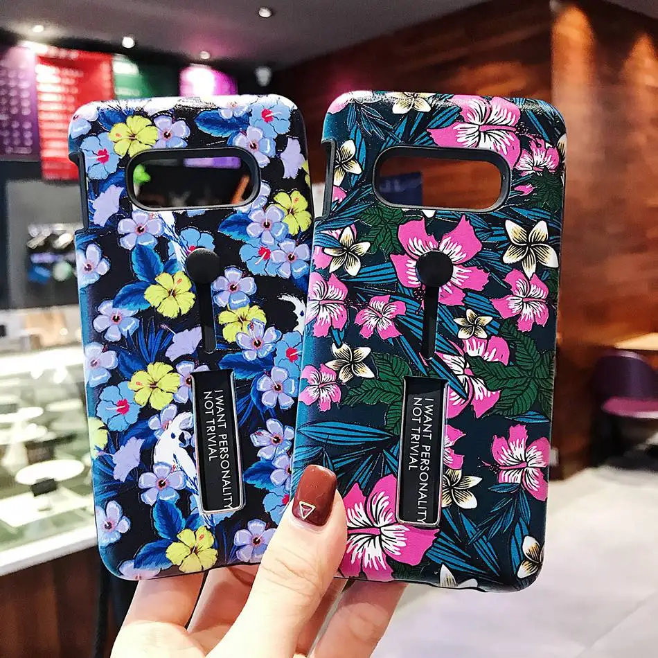 For Galaxy S10 Plus S10E Case Fashion Vintage Flower Silicon Stretch Ring Samsung With Hide Stand Holder Phone | Мобильные телефоны
