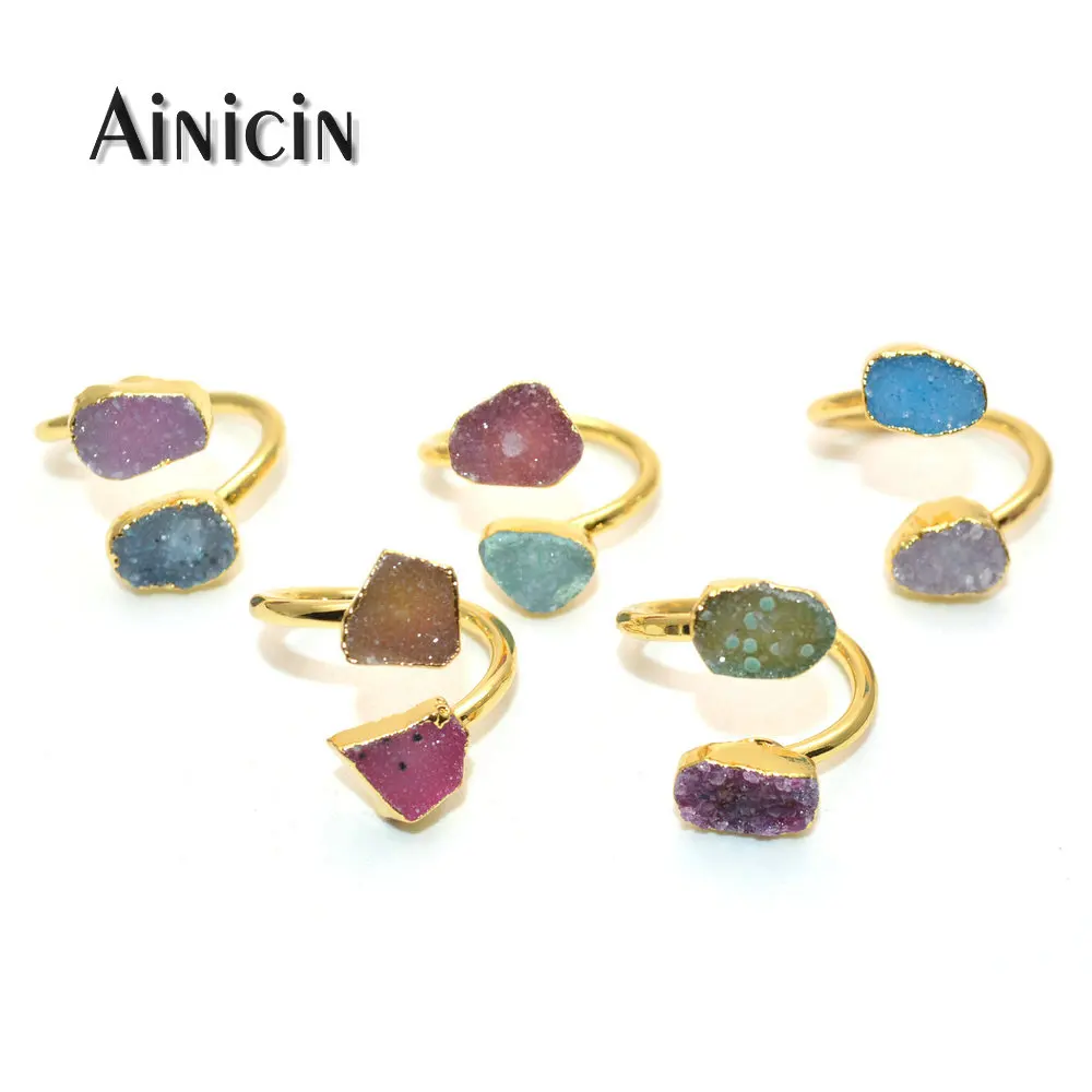 

Natural Druzy Crystal Double Blue Pink Green Drusy Stone Gold Plating Open Size Adjustable Ring For Women Party Jewelry 5pcs