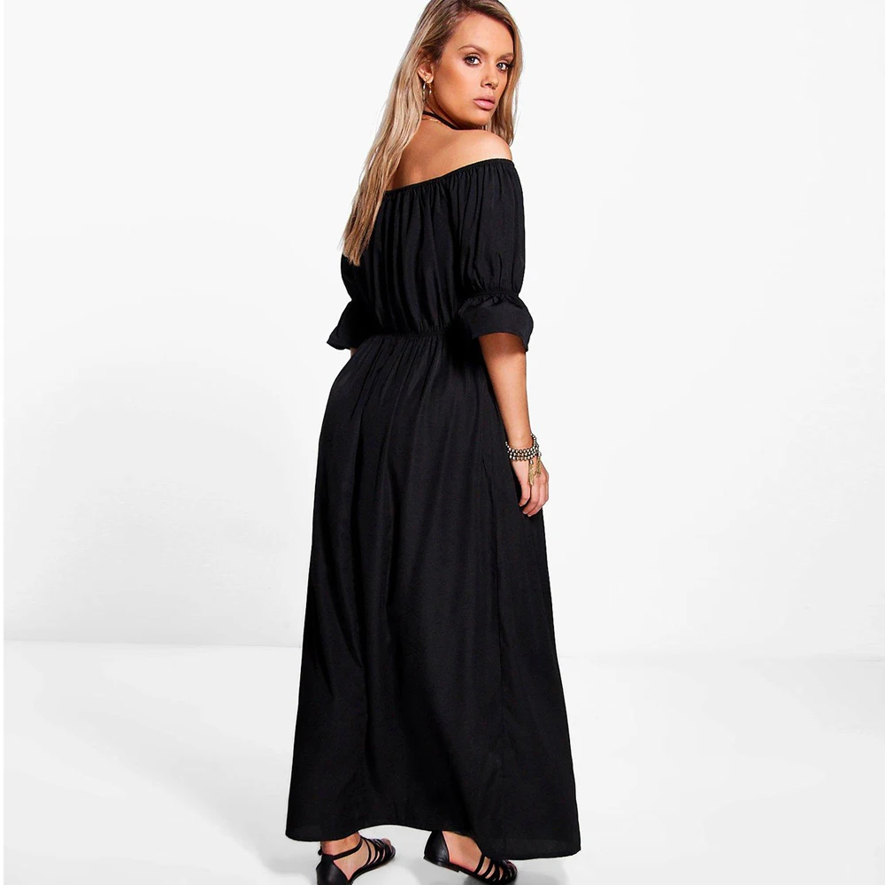 Ленивый KoKo плюс размер однотонный элегантный Слэш шеи платье Половина рукава 2018