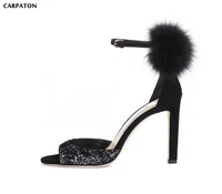 carpaton newest fur pom pom decorations high heel sandal 2018 summer sexy peep toe ankle strap shoes glitter embellished sandal