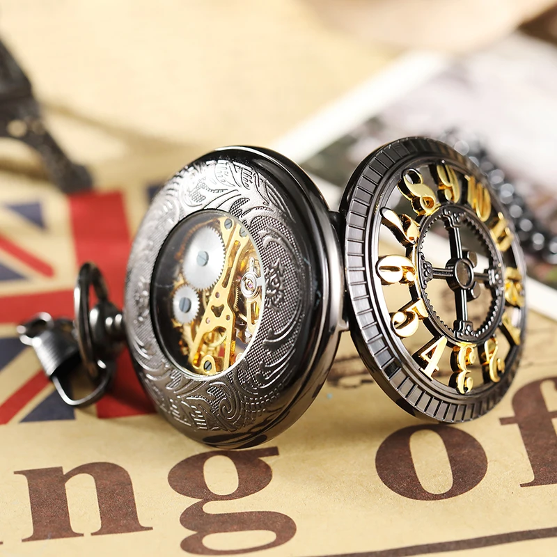 Unique Big Gold Number Hollow Design Mechanical Pocket Watch FOB Chain Black Steel Skeleton Steampunk Pocket Watches Male Clock