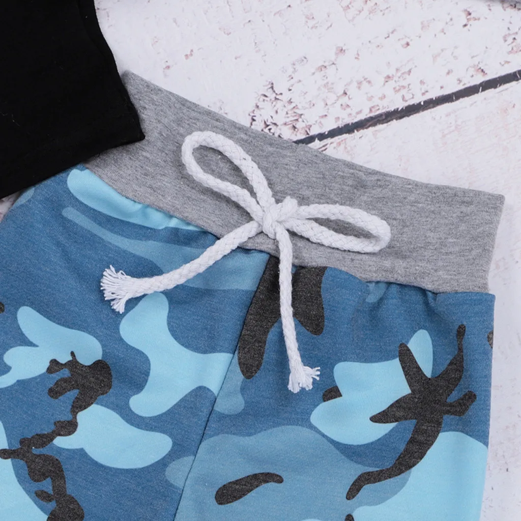 Одежда для новорожденных камуфляжные мальчика футболка Топы Брюки шляпы и шарф