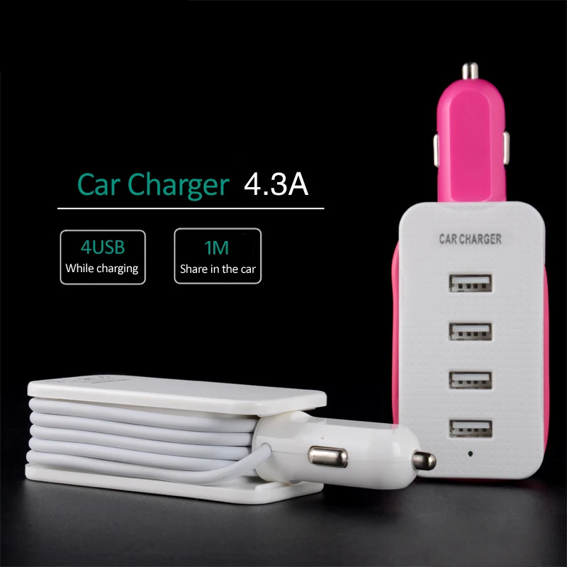 INGMAYA 4 портами для автомобильного зарядного устройства USB 4.3A 3.3FT кабель передачи