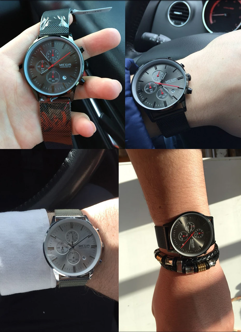 Модные Роскошные Брендовые мужские часы MEGIR из нержавеющей стали с сетчатым