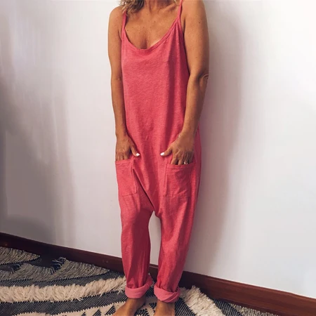 Pink Cysincos, женский комбинезон, комбинезон на бретельках, однотонный, свободный, Повседневный, для подвижных игр, штаны-шаровары, Женские Широкие пляжные трусики, комбинезон, длинный комбинезон - Цвет: Pink