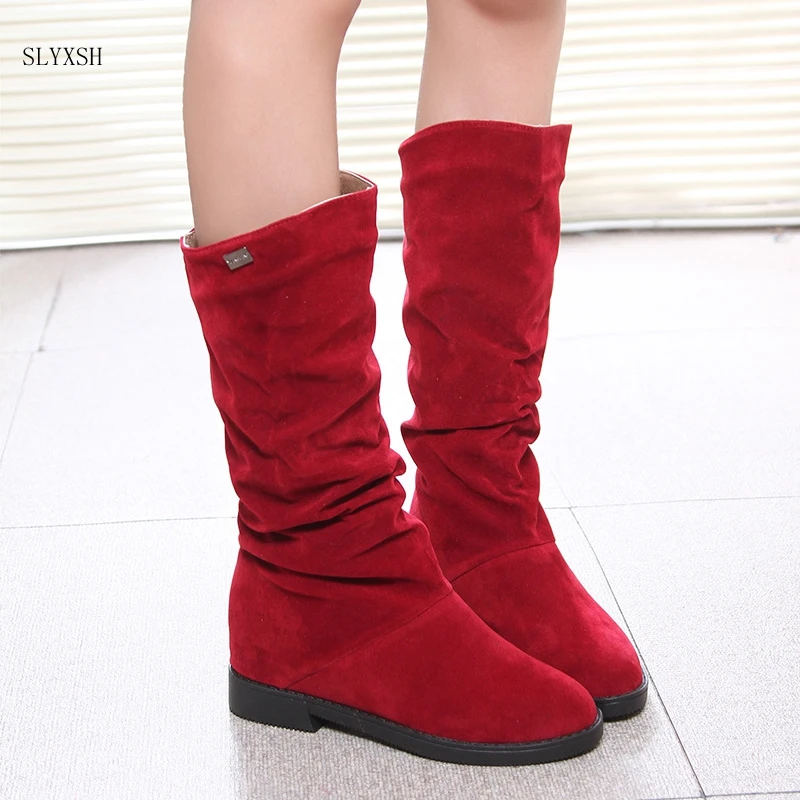 

SLYXSH Autumn Winter Women Boots Matte Flock Boots For Female Ladies Height Increased Low Heel Shoes Woman Mid Calf High Boots