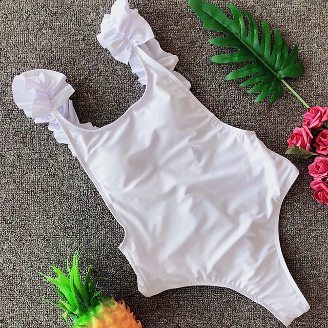 B657White Сдельный купальник с высокой посадкой, бикини с оборками на плечах, Женский Монокини, стринги, купальник с открытой спиной, сексуальный бразильский купальник - Цвет: B657White