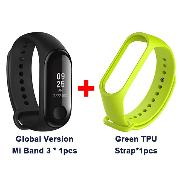 Add Green TPU Strap Мировой Xiaomi mi, 3 полосы, умный браслет, браслет, 0,78 дюймов, OLED, мгновенное сообщение, идентификатор звонящего, mi Band 3, фитнес-трекер - Цвет: Add Green TPU Strap