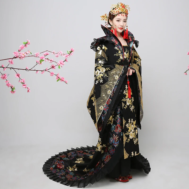 Новинка, женский костюм, hanfu, платье со шлейфом, Женская Китайская традиционная одежда, китайская черная женская одежда, Женский костюм для сцены, по телевизору