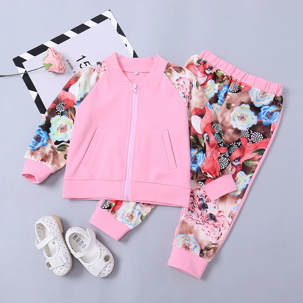 Осень 2018 одежда для маленьких девочек розовый пиджак и брюки с цветочным принтом