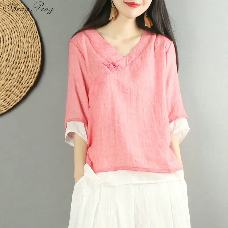 New Traditional Chinese Clothing Womens Tops Blouses Linen Button Shirt Oriental Female Cheongsam Top China Clothing G153