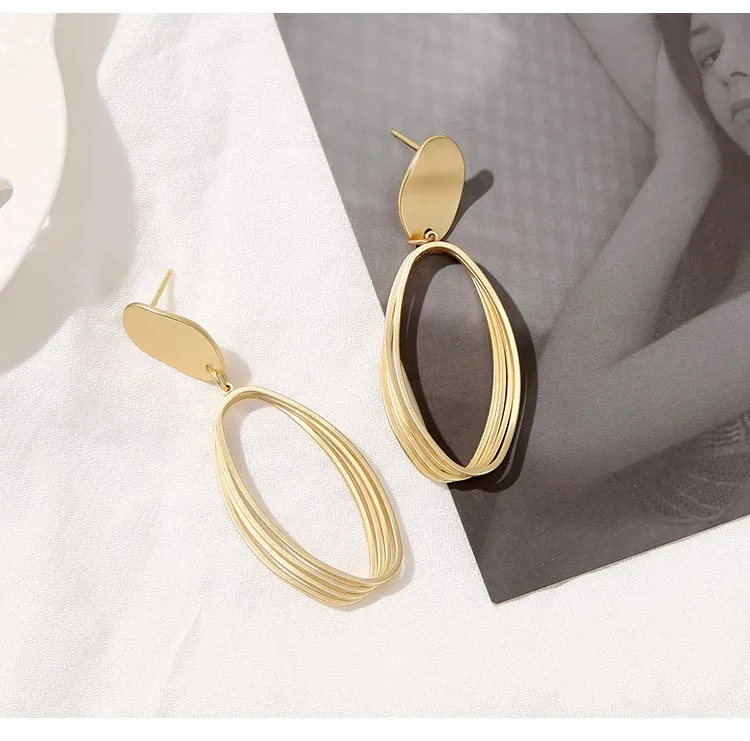 South Korea Cool Temperament Matte Metal Geometry Oval Earrings Fashion Women Earring Long Eardrop Tide Joker Atmosphere