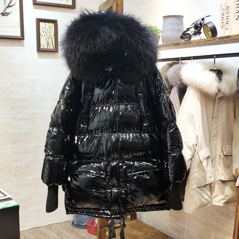 Женская Блестящая куртка на белом утином пуху длинная парка с капюшоном и