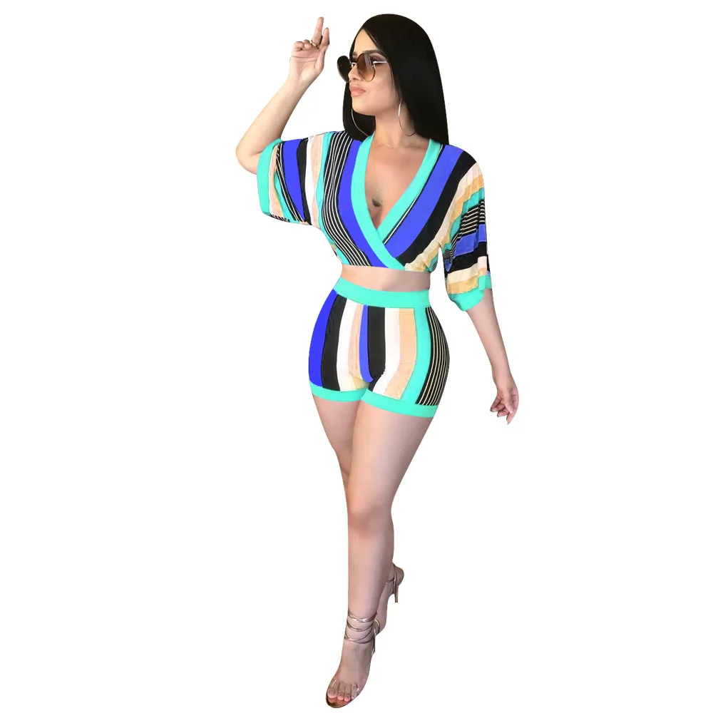 Женские летние костюмы с v-образным вырезом одежда в полоску принтом короткий