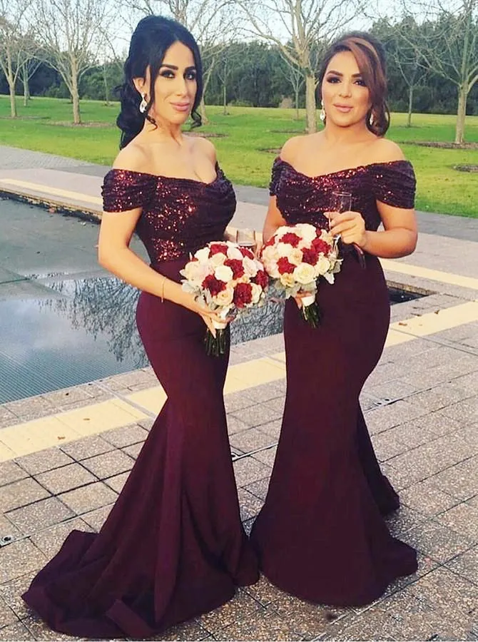 

2017 Burgundy Off the Shoulder Mermaid Long Bridesmaid Dresses Sparkling Sequined Top Wedding Guest Dresses Plus Size Maid of Ho