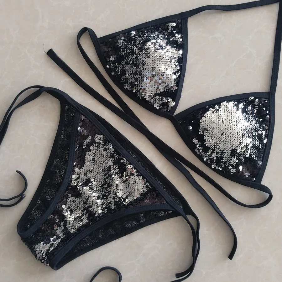 sequin bikini Сексуальный купальник с лямкой через шею, блестящий Бандаж с блестками, микро бикини, купальник, женский купальник, Бразильское бикини черного цвета - Цвет: sequin bikini