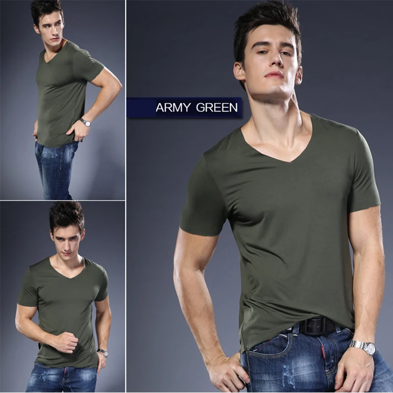 Modal Solid Color Undershirt Men Clothes Close-Fitting Short Sleeve Relax Breathable Strench V Neck Home T-Shirt Plus Size 6XL