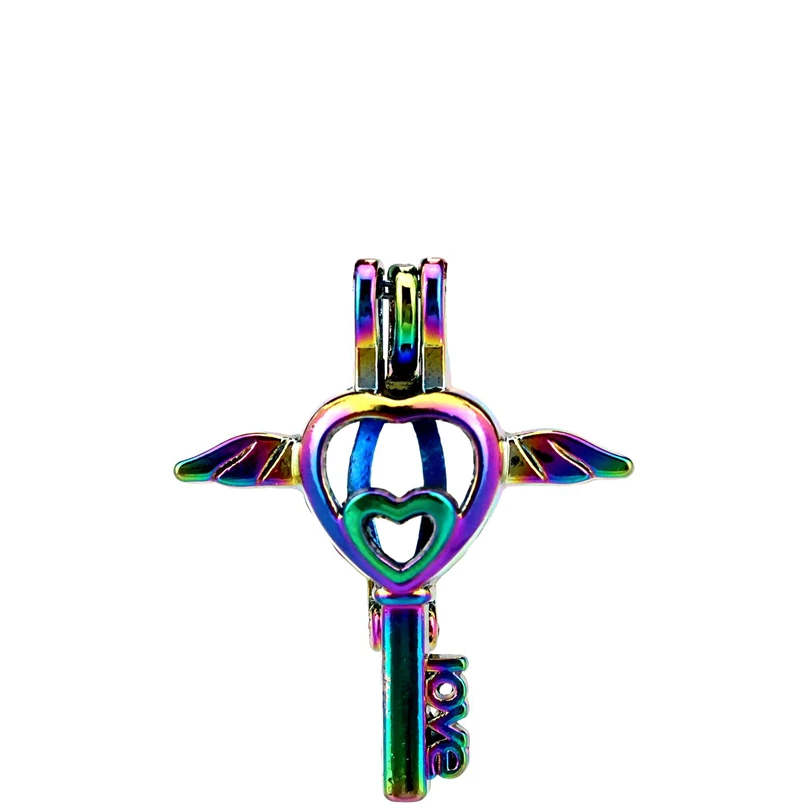 C788 5 шт./лот Радужный Цвет Любовь Сердце Мини Крыло ключ жемчужные бусины клетка медальон Подвеска жемчуг медальон сказовечерние