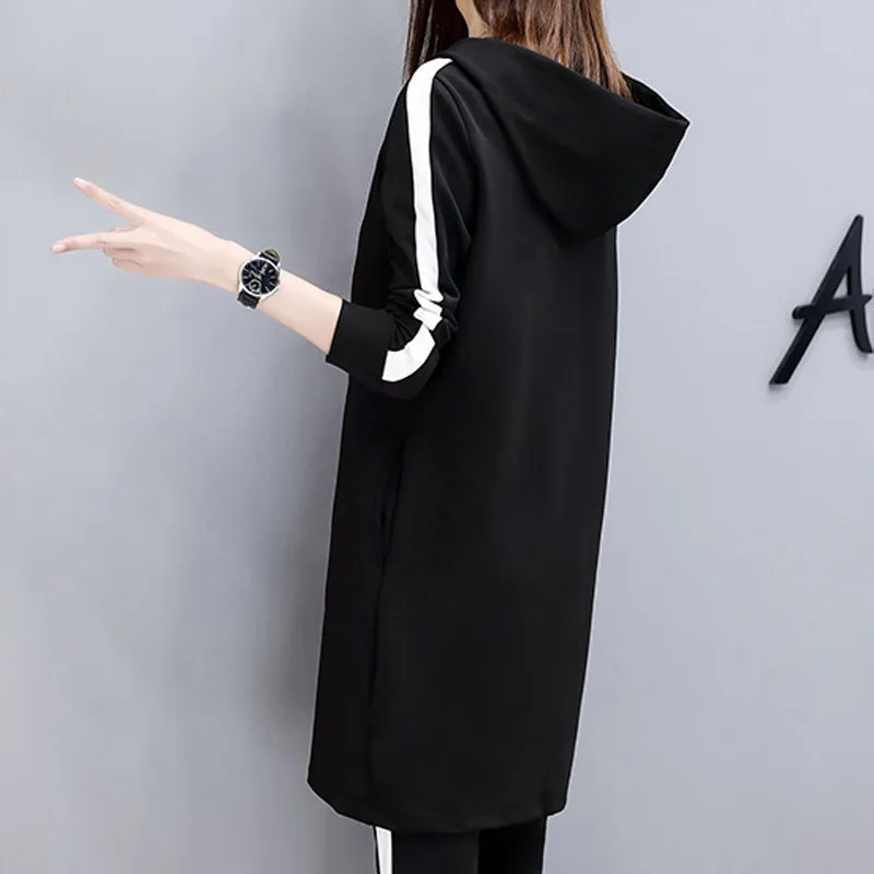 Fashion Slim Black Hoodies Women Set Plus Size Stripe Side Casual Two Piece Set Women Zipper Long Hooded Sweatshirt+ Pant W3