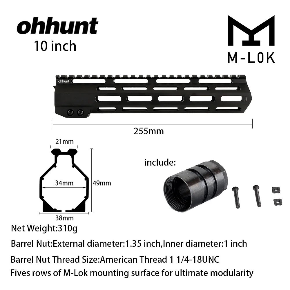 10 inch Black Ohhunt " 9" 1" 12" 13," 15" 1" AR15 поплавок M-LOK Handguard Пикатинни тонкий стиль стальной баррель гайка для прицела - Цвет: 10 inch Black
