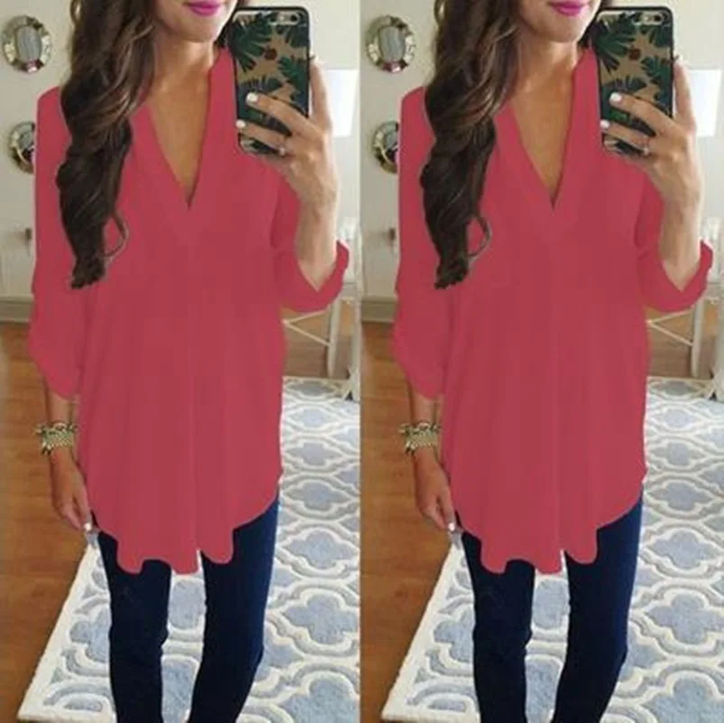 2018 популярная шифоновая рубашка с длинным рукавом и v образным вырезом топ