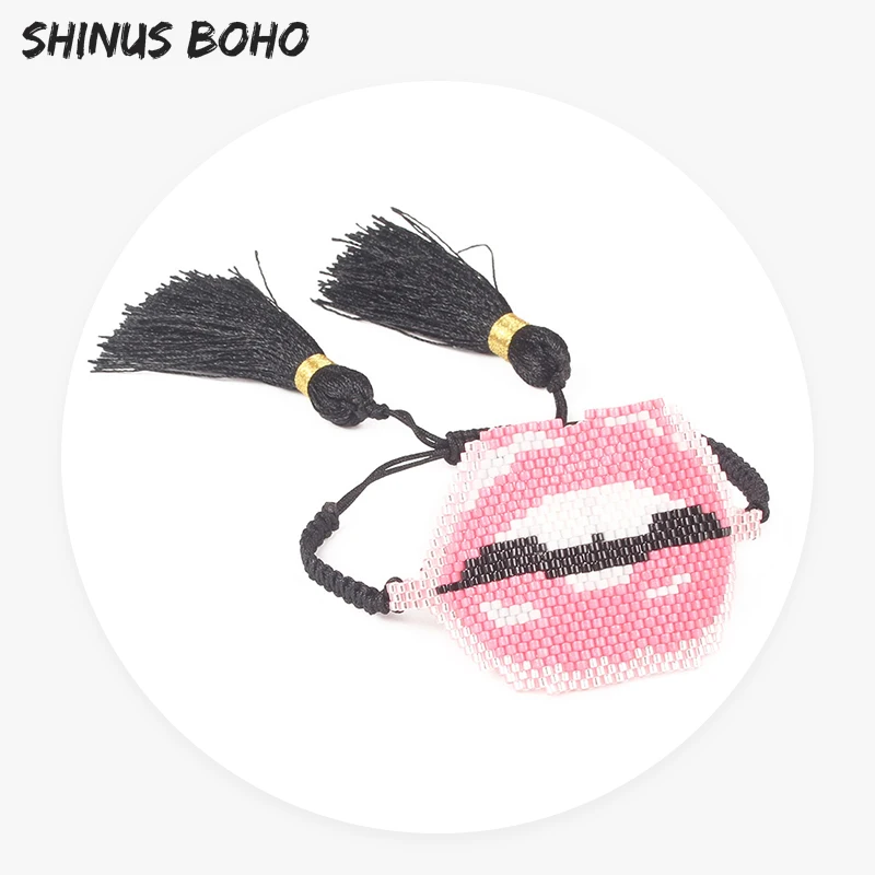 Женский браслет с бусинами SHINUSBOHO черный плетеный ручной работы розовыми губами