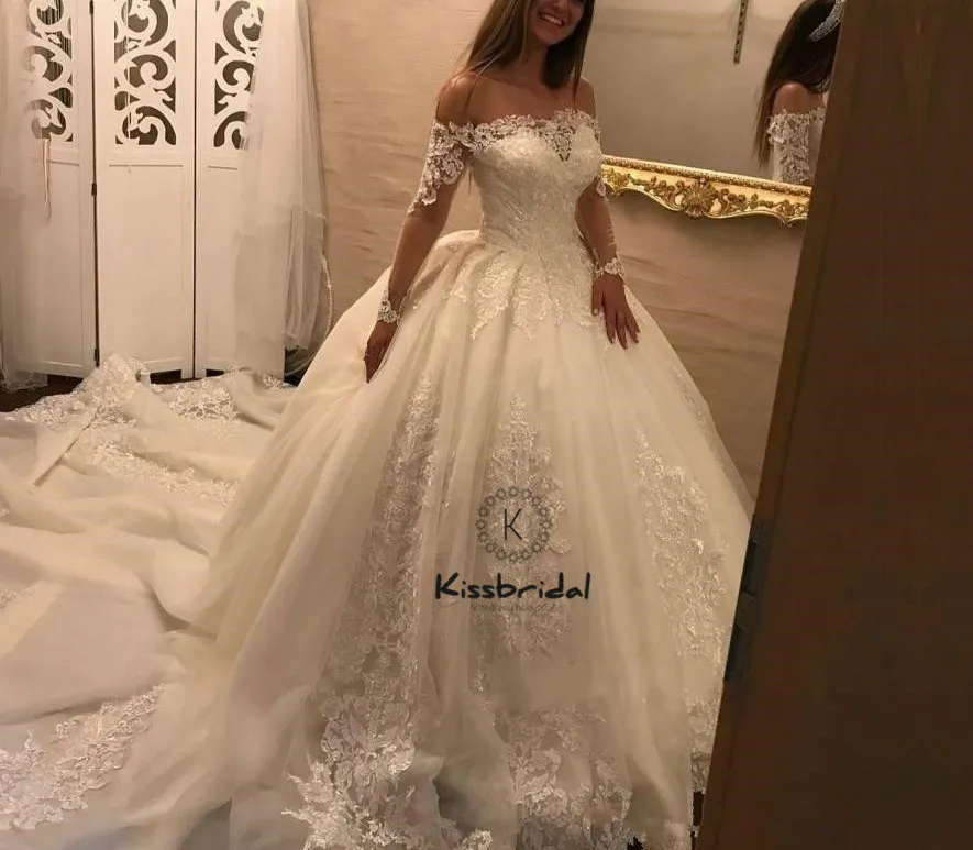 Модные свадебные платья 2018 Бальные блестящие кружевные фатиновые Свадебные с