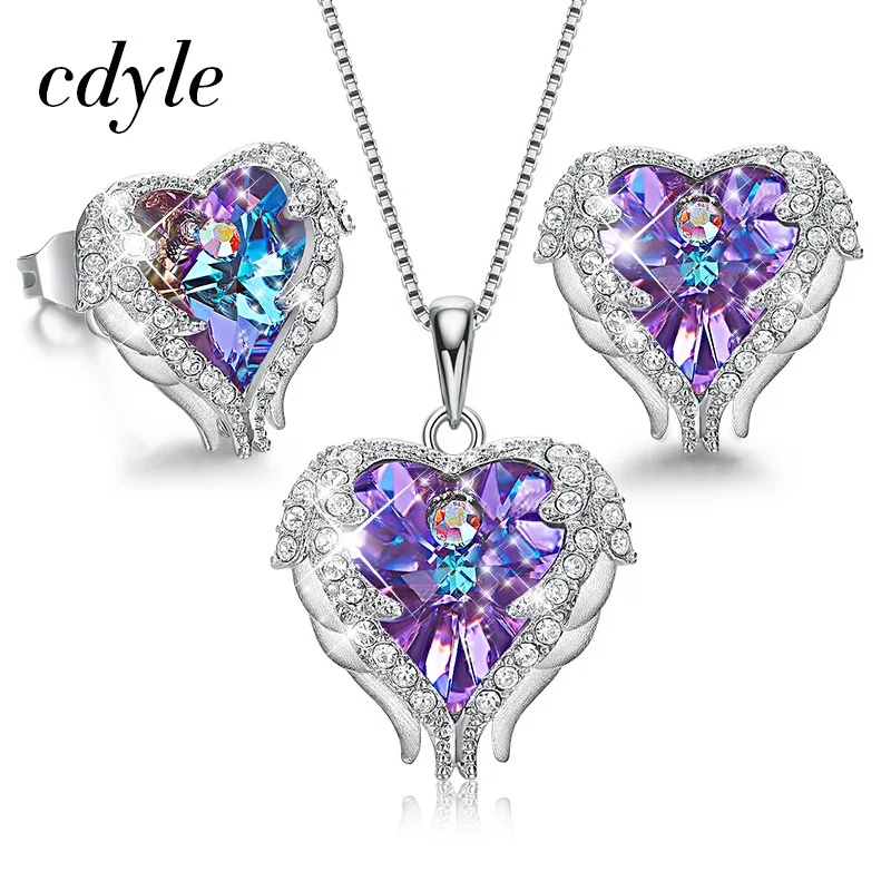 Cdyle, 925 пробы, серебряное ожерелье, серьги, набор, украшенный кристаллом, серебро, 925, ювелирное изделие, сердце океана, Шарм - Окраска металла: Purple Angel