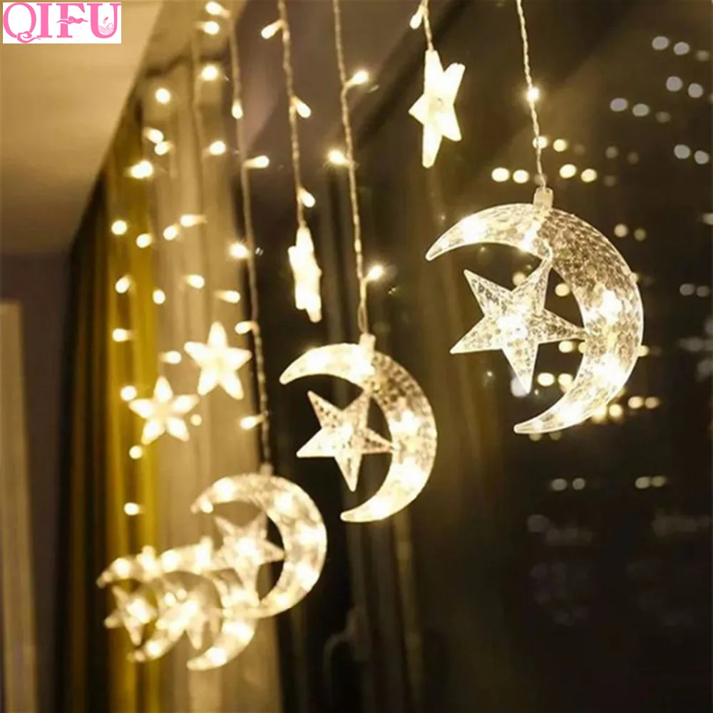 QIFU Moon Star светодиодный светильник шнур EID Mubarak счастливые украшения на Рамадан