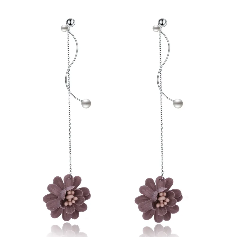 925 Sterling Silver Pink/Gray Flower Pendant Dangle Drop Earrings Women Sweet Fashion Jewelry Gifts Boucles D'oreilles | Украшения и