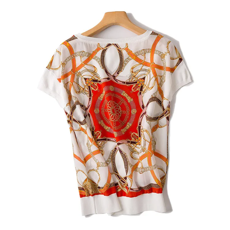 Billig 100% Seide Gespleißt Frauen Sommer Mode Gedruckt Dünnes T-shirt Kurzarm Orange 2 Farbe One & über Größe