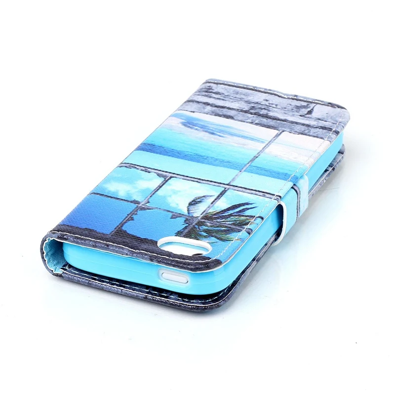 Красочным Узором Окна Закат Слот Для Карты Бумажник PU Кожа Стенд Флип Дело Чехол