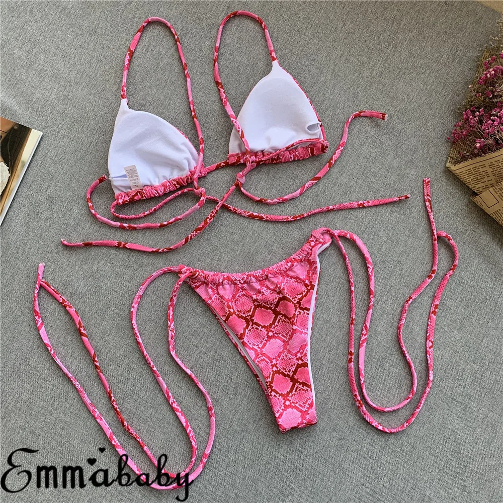 Женский мягкий пуш ап бикини розовый купальник из змеиной кожи с принтом