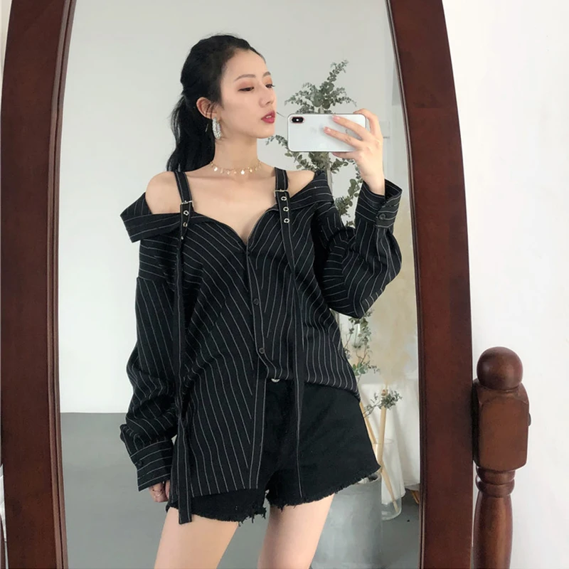 Женская блузка с открытыми плечами винтажная рубашка в полоску без бретелек