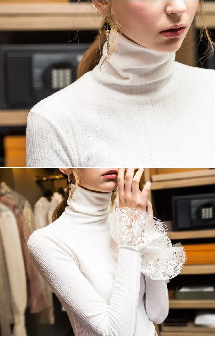 Женские Лоскутные кружевные футболки для девочек с широкими расклешенными рукавами, топы, футболки, одежда для дам зима