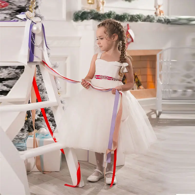 

Pretty Flower Girl Dresses Spaghetti straps Custom Made Tea Length Girl's Party Gowns Children's First Communion Dress Hot Sale