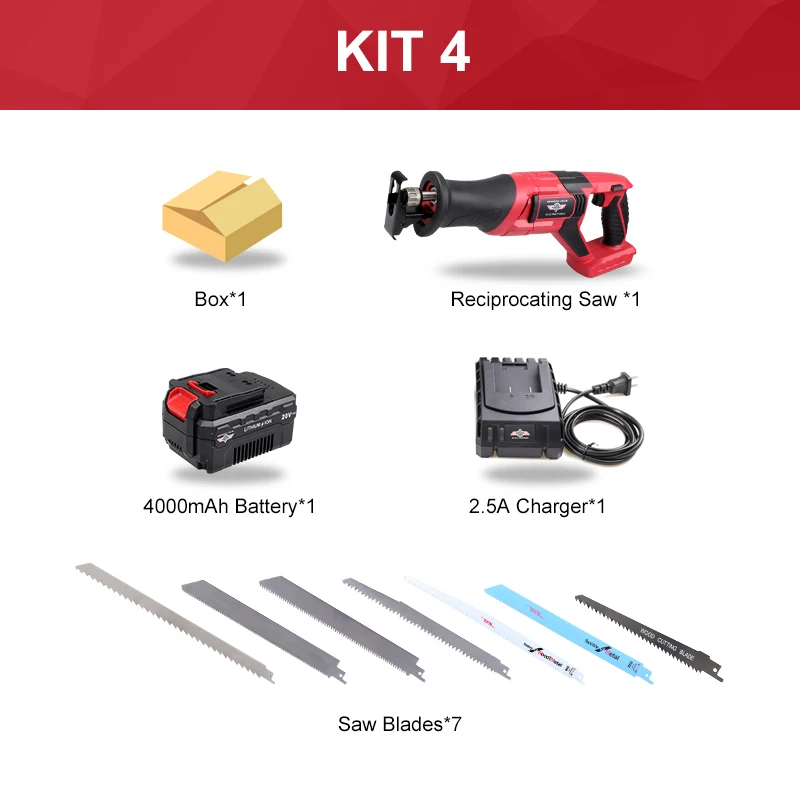 KIT 4 20 в литий-ионная портативная возвратно-поступательная пила длинный ход 22 мм 2700SPM мощная пила для резки дерева и металла с пильными лезвиями - Цвет: KIT 4