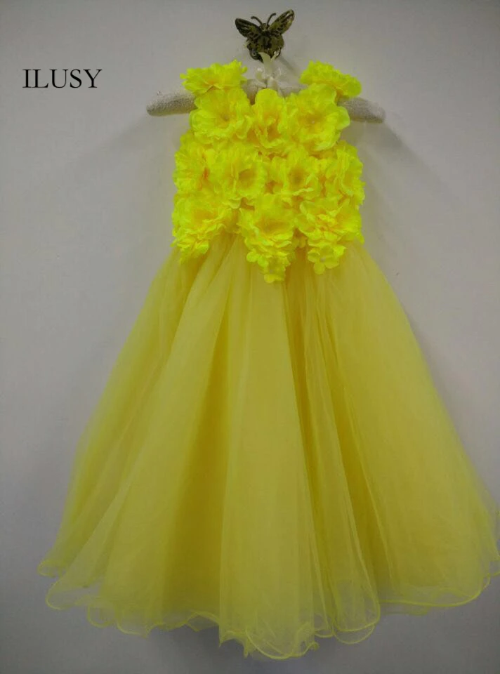 

ILUSY Yellow Flower Girl Dresses O-neck Sleeveless Child Dress with Flowers