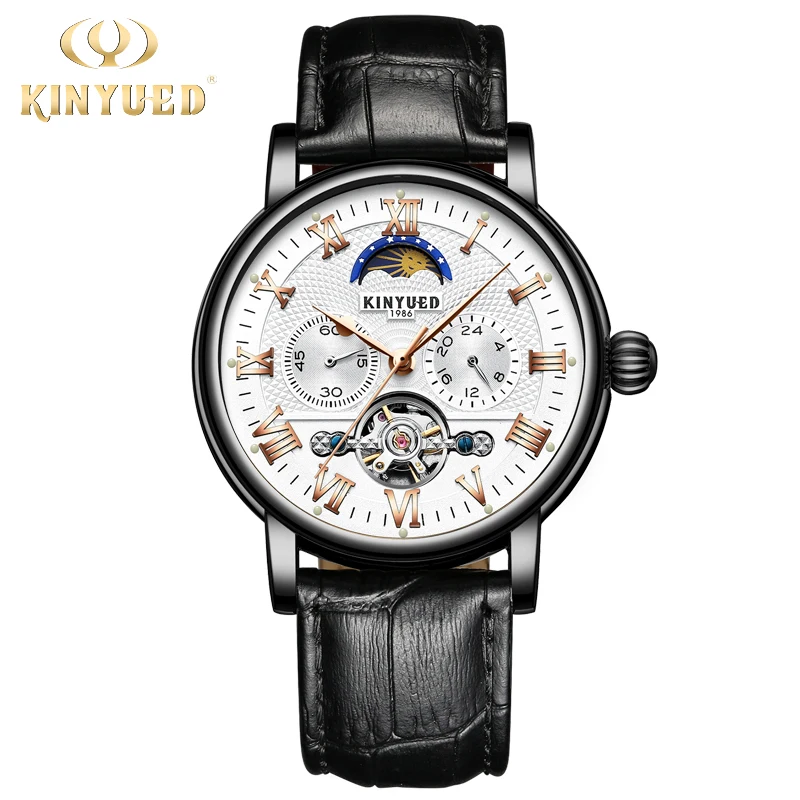 KINYUED Moon Phase Tourbillon мужские часы с скелетом автоматические механические