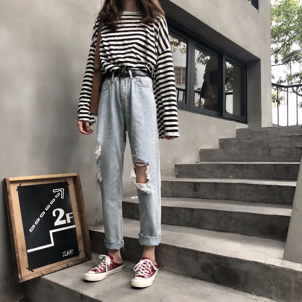 autumn 2018 Korean fashion casual pants ladies plus size ripped high waist jeans Streetwear Wide leg denim pans womens bottom |