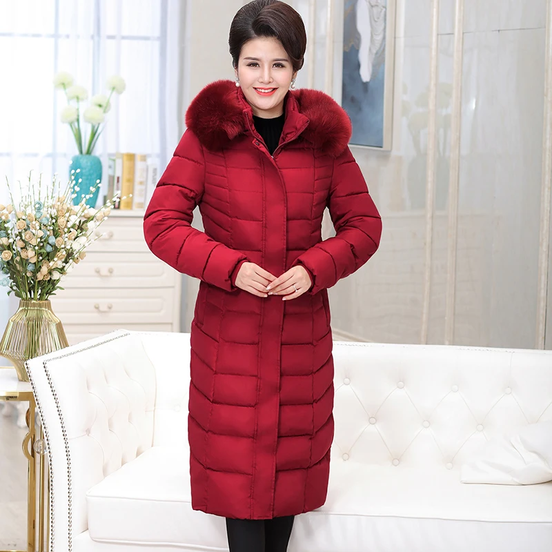 7XL Стеганое пальто с меховым воротником Длинная зимняя куртка-пуховик Женская парка Женская хлопковая верхняя одежда размера плюс теплая зимняя одежда Okd735 - Цвет: wine red